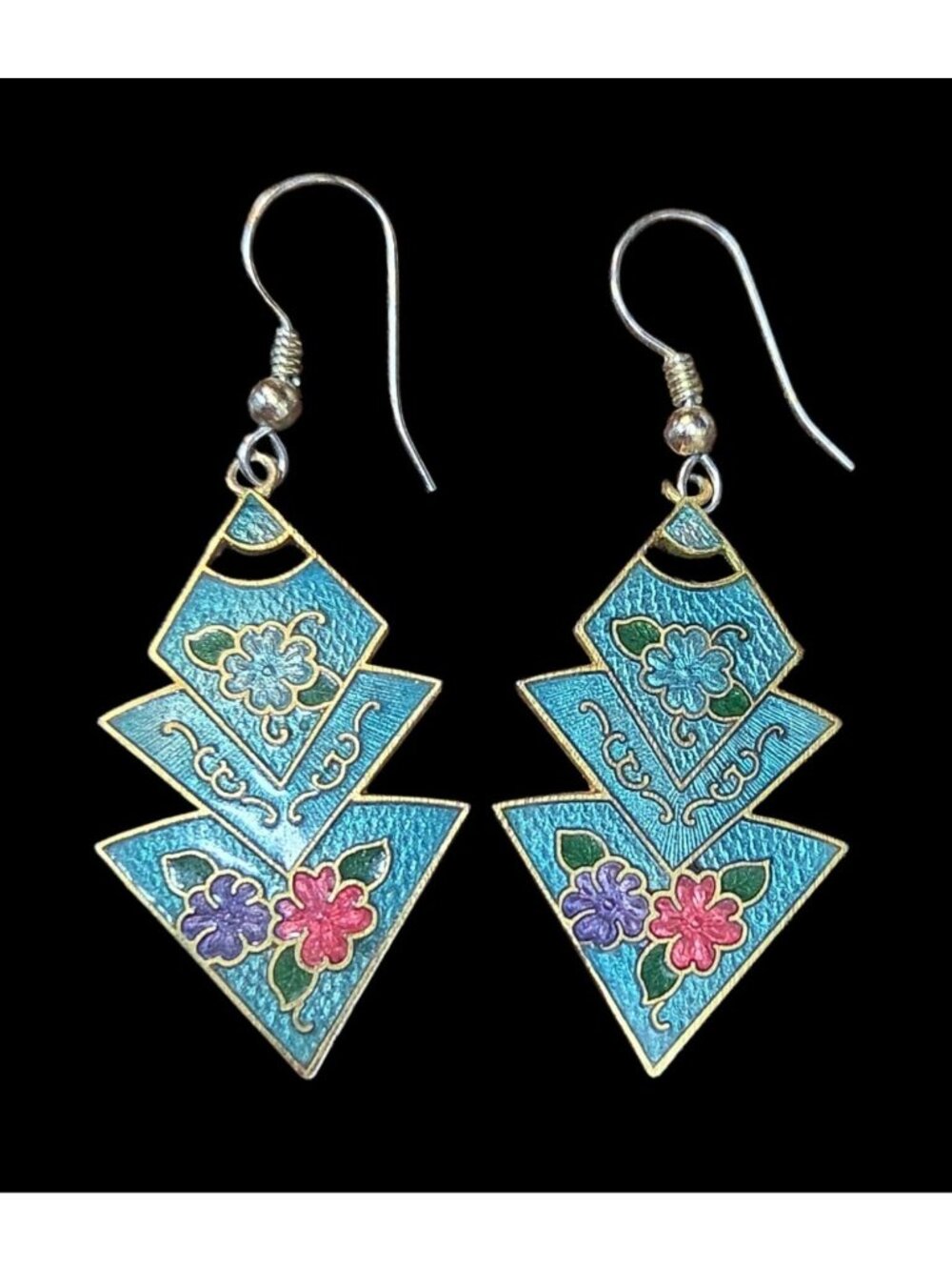 Vtg Zig-Zag Pyramid Floral Cloisonné Dangling Earrings 1980's Teal & Gold Tone - Picture 12 of 12
